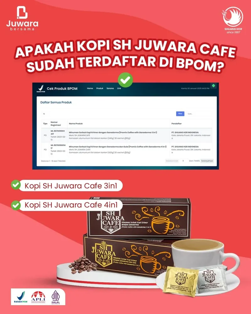 Kopi SH Juwara Cafe 3 in 1 dan 4 in 1 terdaftar di BPOM